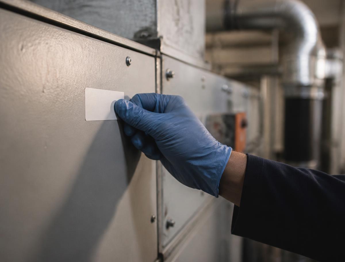 A gloved hand pressing a blank white adhesive asset tag onto the painted metal housing of an air handling unit