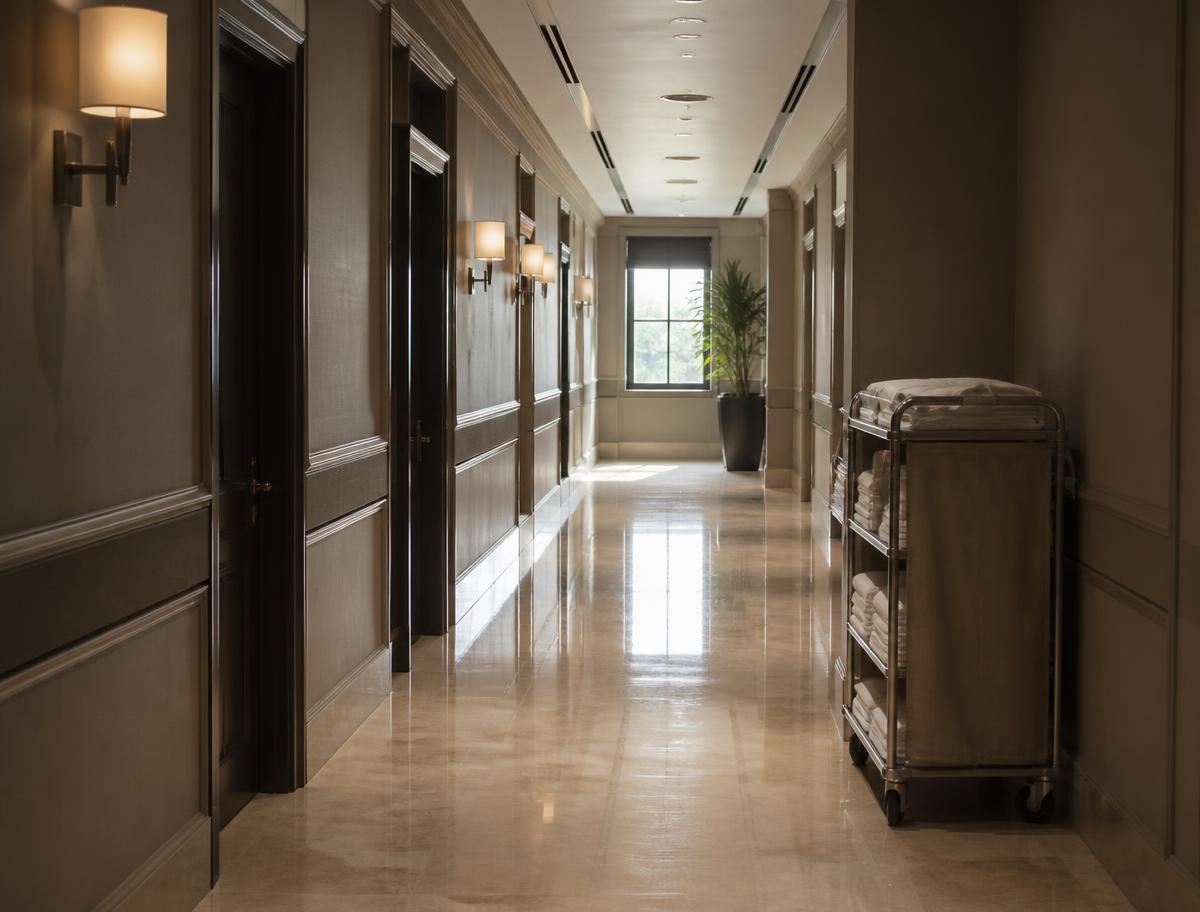 An empty back of house corridor in an upscale hotel, service doors along one side and a linen trolley against the wall