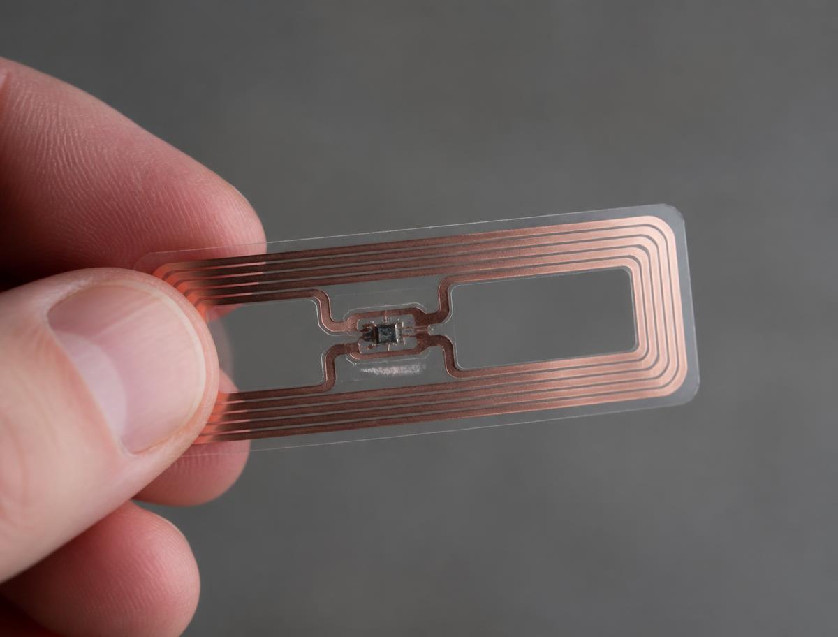 A passive UHF RFID inlay held between finger and thumb, copper antenna trace and chip in sharp focus
